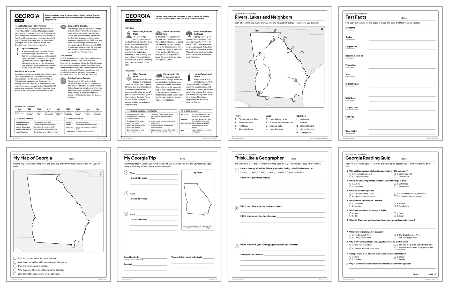 Eight pages from the Georgia State Report Kit: History, Land and Work, the rivers and lakes map, Fast Facts, My Map, My Trip, Think Like a Geographer and the reading quiz