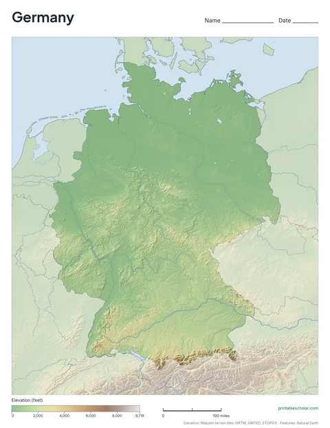 Germany physical map, blank, for labeling practice