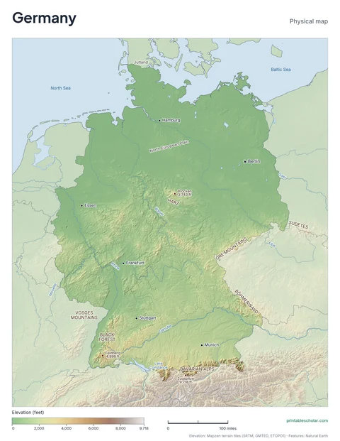 Germany physical map, labeled