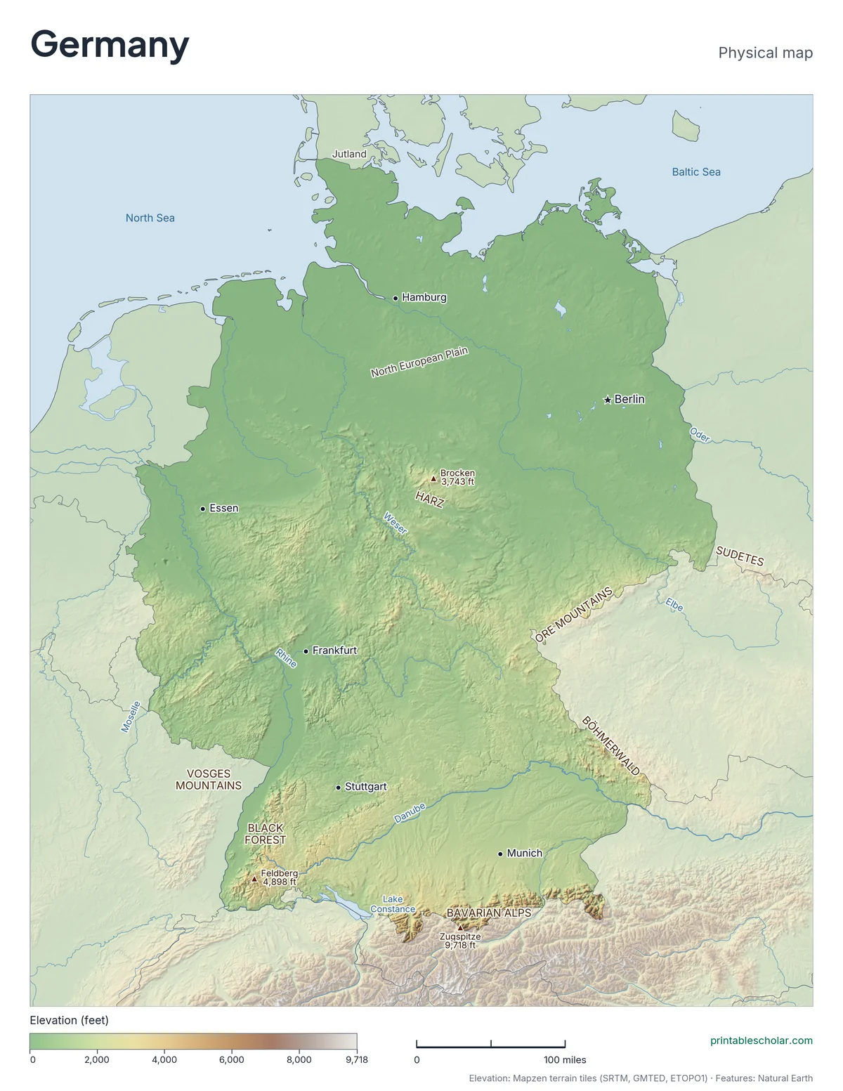 Physical map of Germany with mountain ranges, deserts, rivers and highest peaks labeled