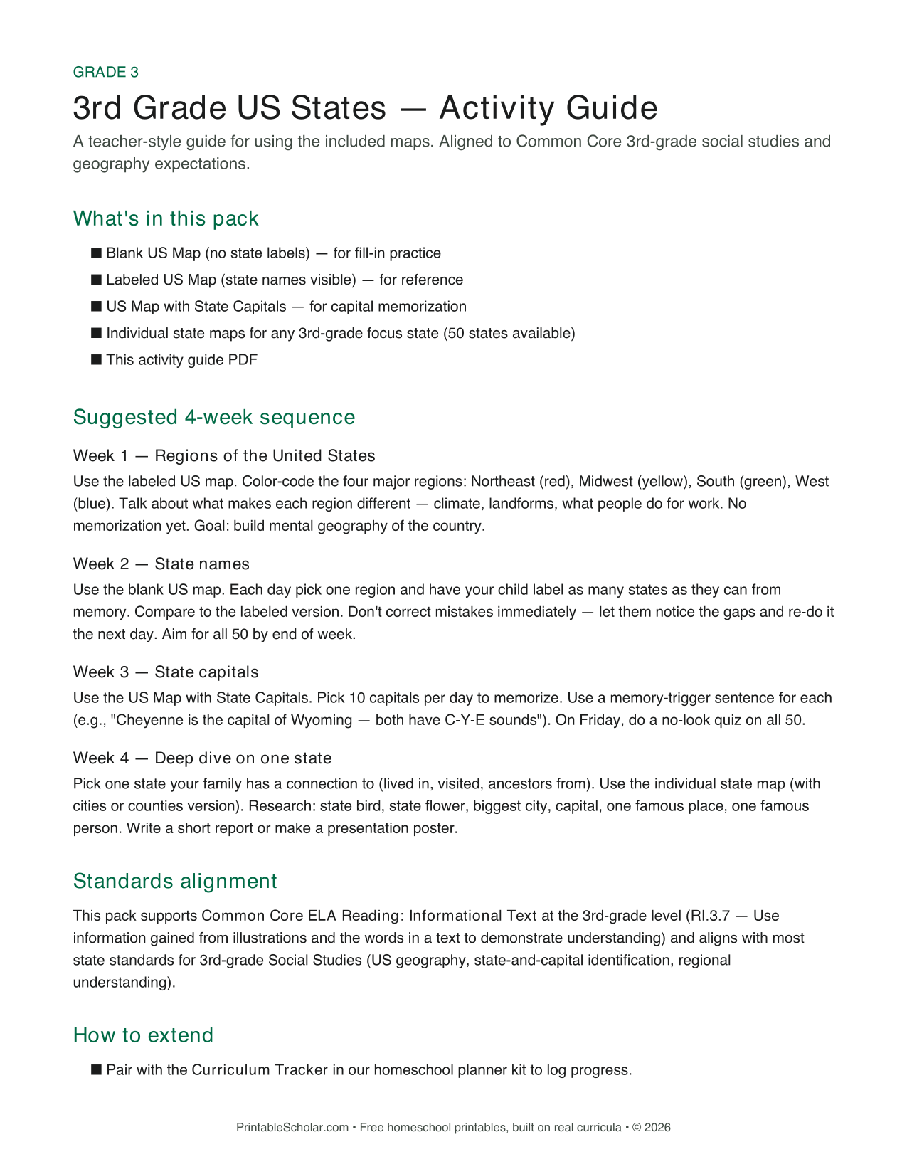 3rd Grade US States Map Pack activity guide preview