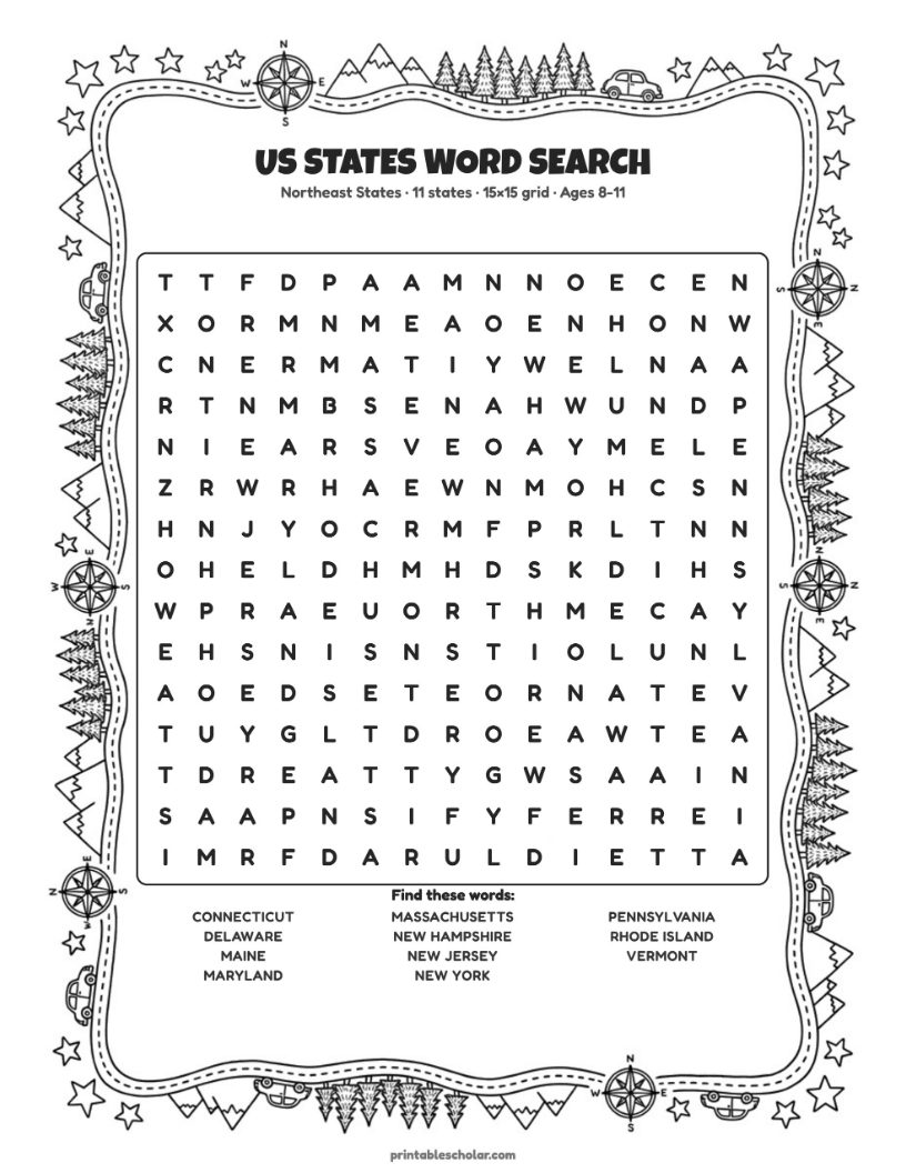 Northeast word search, page 10 of the pack
