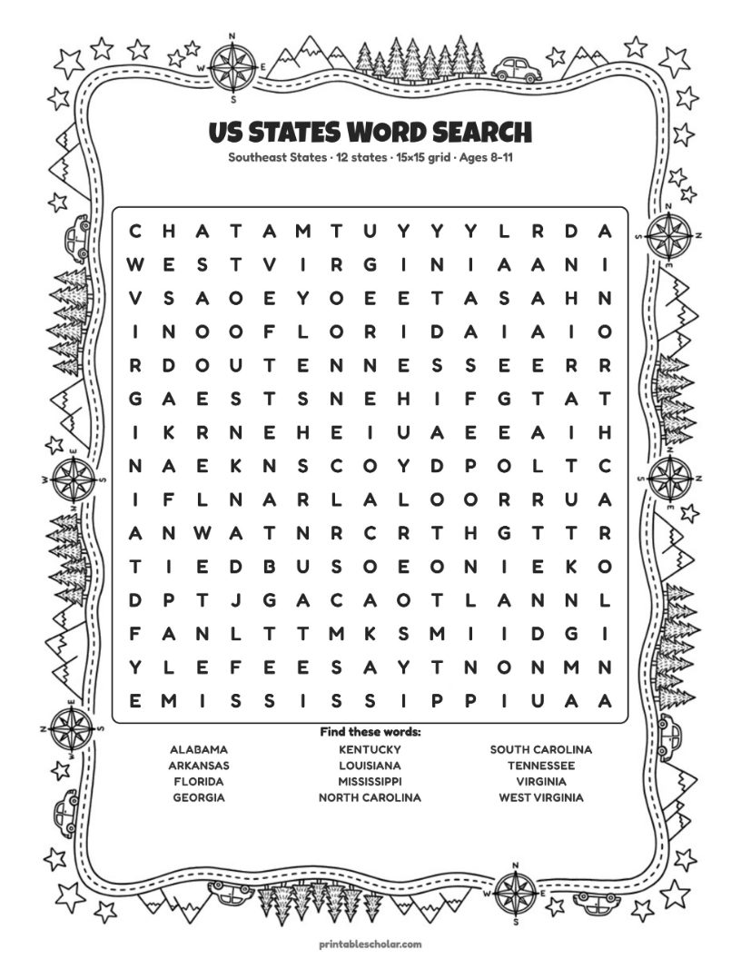 Southeast word search, page 11 of the pack