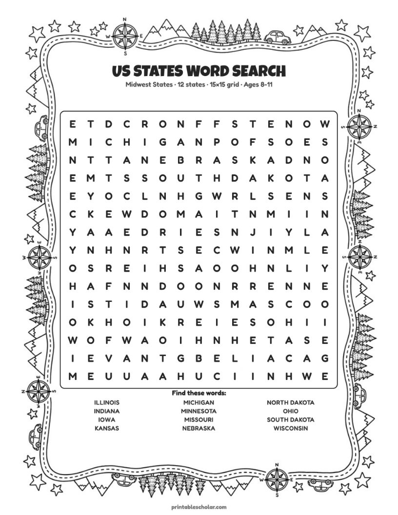 Midwest word search, page 12 of the pack