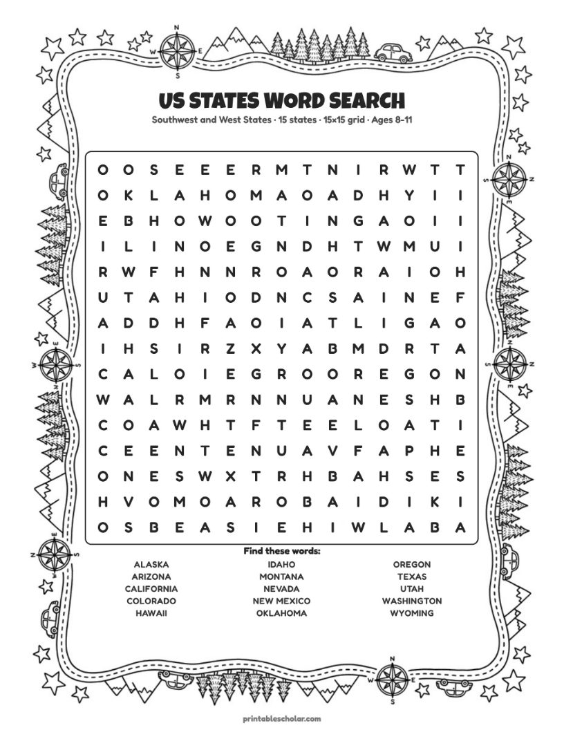 Southwest and West word search, page 13 of the pack