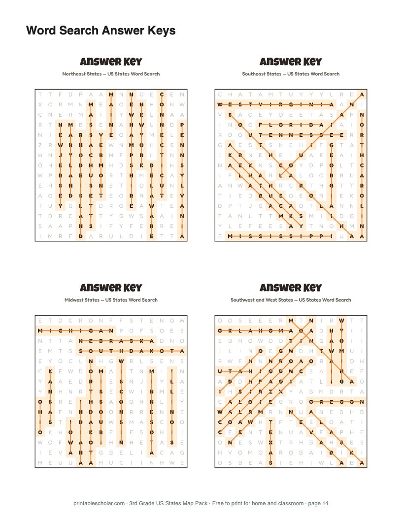 Word search answer keys, page 14 of the pack