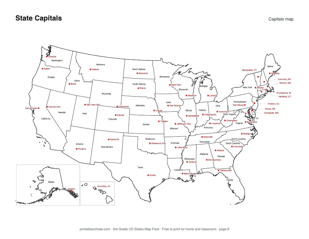 US capitals map, page 6 of the pack