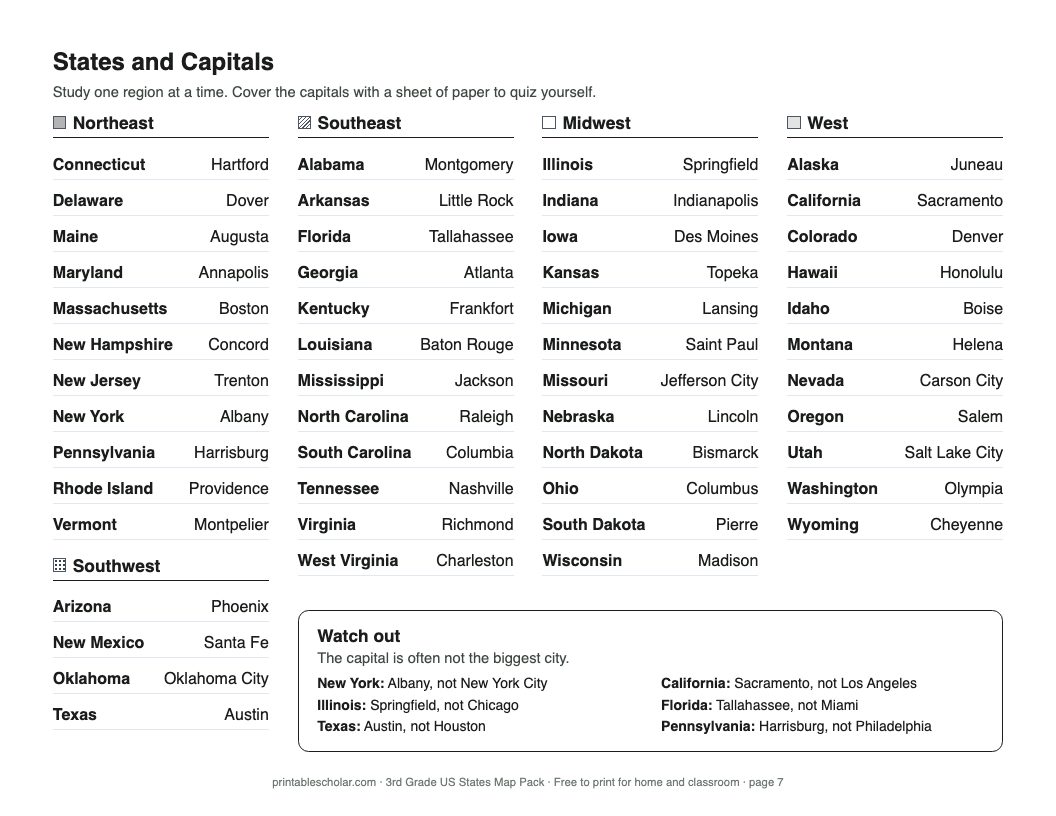 States and capitals study list, page 7 of the pack