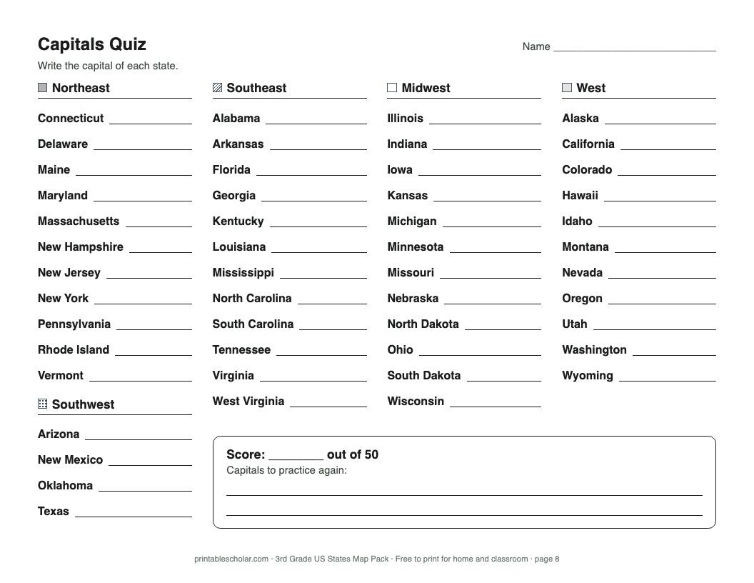 Capitals quiz, page 8 of the pack