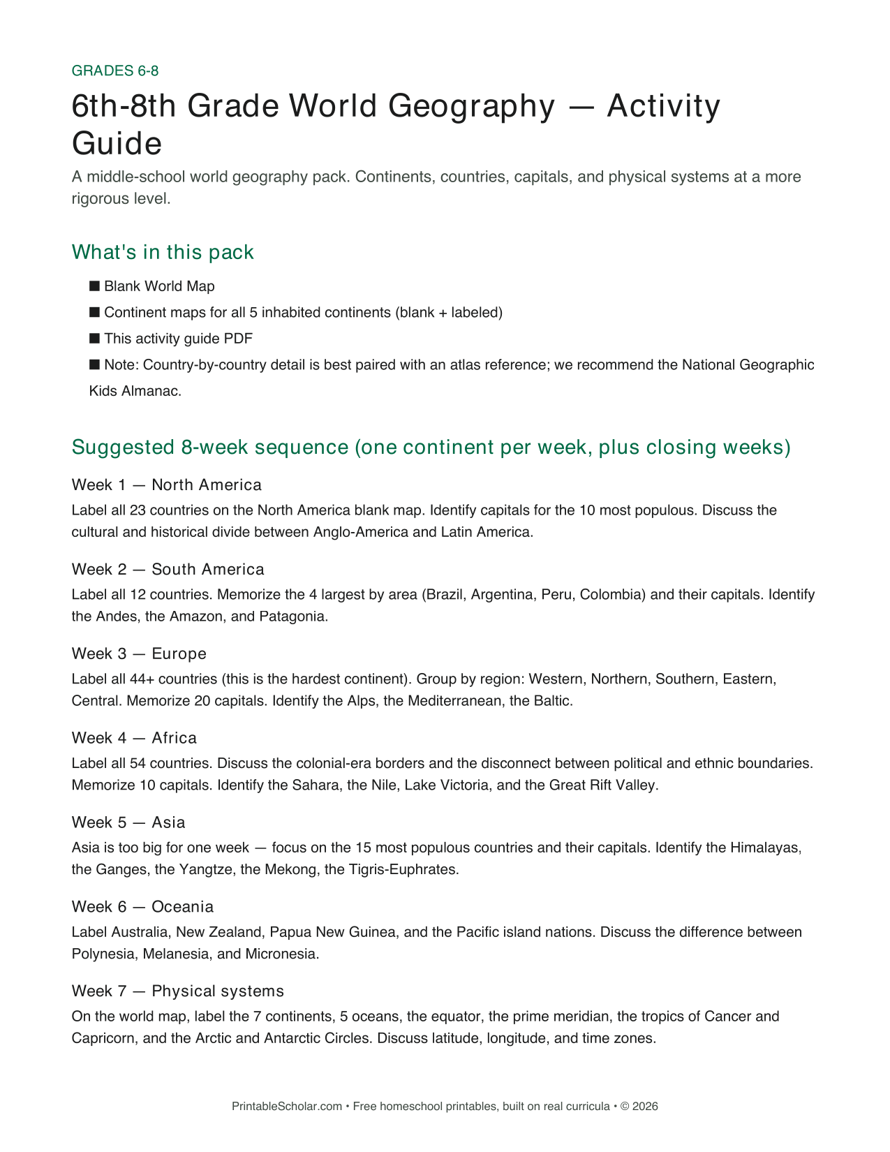 6th-8th Grade World Geography Pack activity guide preview