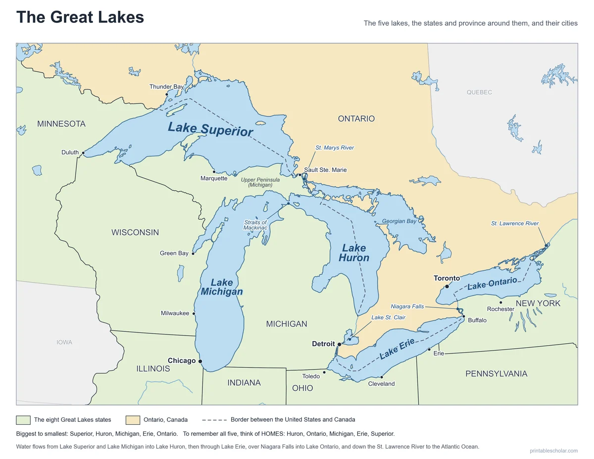 Great Lakes Map, labeled