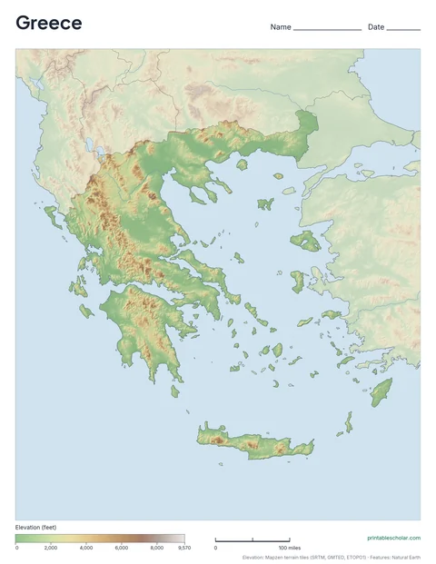 Greece physical map, blank, for labeling practice