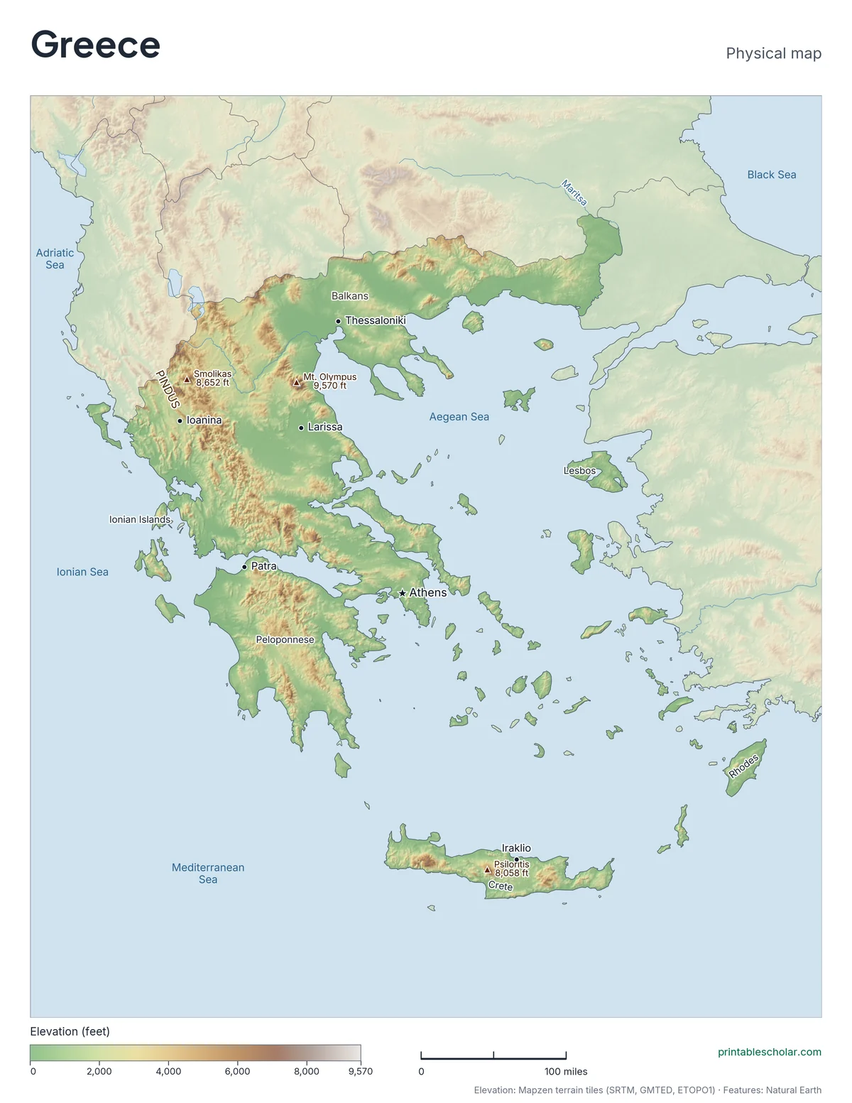 Physical map of Greece with mountain ranges, deserts, rivers and highest peaks labeled