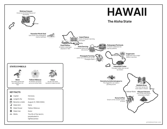 Black and white illustrated map of Hawaii