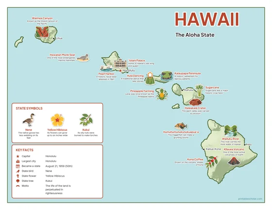Illustrated map of Hawaii in color