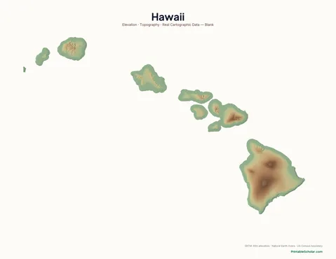 Hawaii blank physical map — same topographic relief, no labels, for label-it-yourself geography exercises