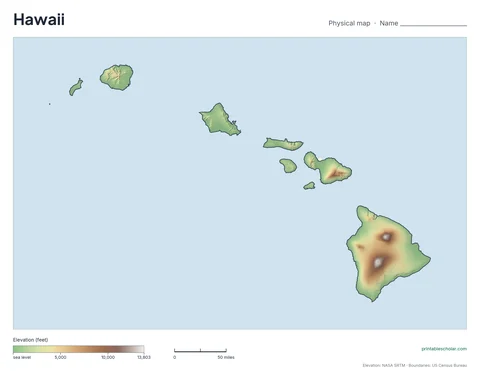 Hawaii blank physical map: the same terrain with no labels, for labeling practice