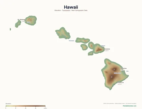 Hawaii physical map labeled — showing the volcanic shields of Mauna Kea and Mauna Loa, Haleakala on Maui, and Kauai’s ancient volcanic ridges, with peak elevations and major cities marked