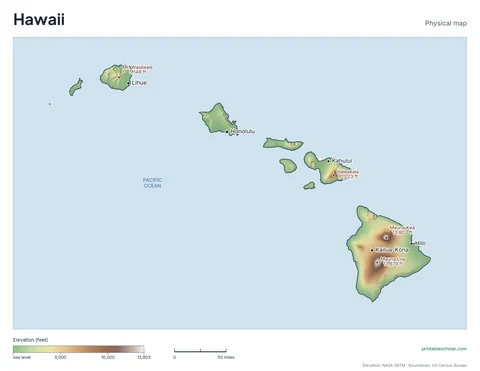 Hawaii physical map, labeled: the volcanic shields of Mauna Kea and Mauna Loa, Haleakala on Maui, and Kauai’s ancient volcanic ridges, with the capital, cities and highest point marked