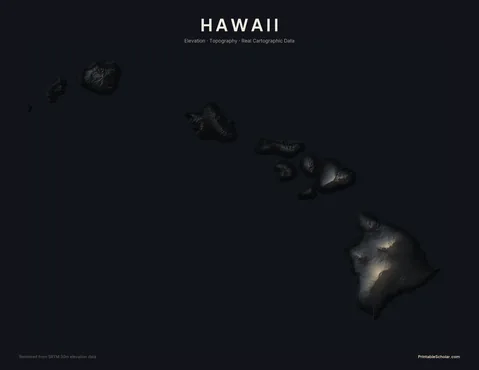 Hawaii topographic relief poster — high-contrast monochrome rendering of the volcanic shields of Mauna Kea and Mauna Loa, Haleakala on Maui, and Kauai’s ancient volcanic ridges
