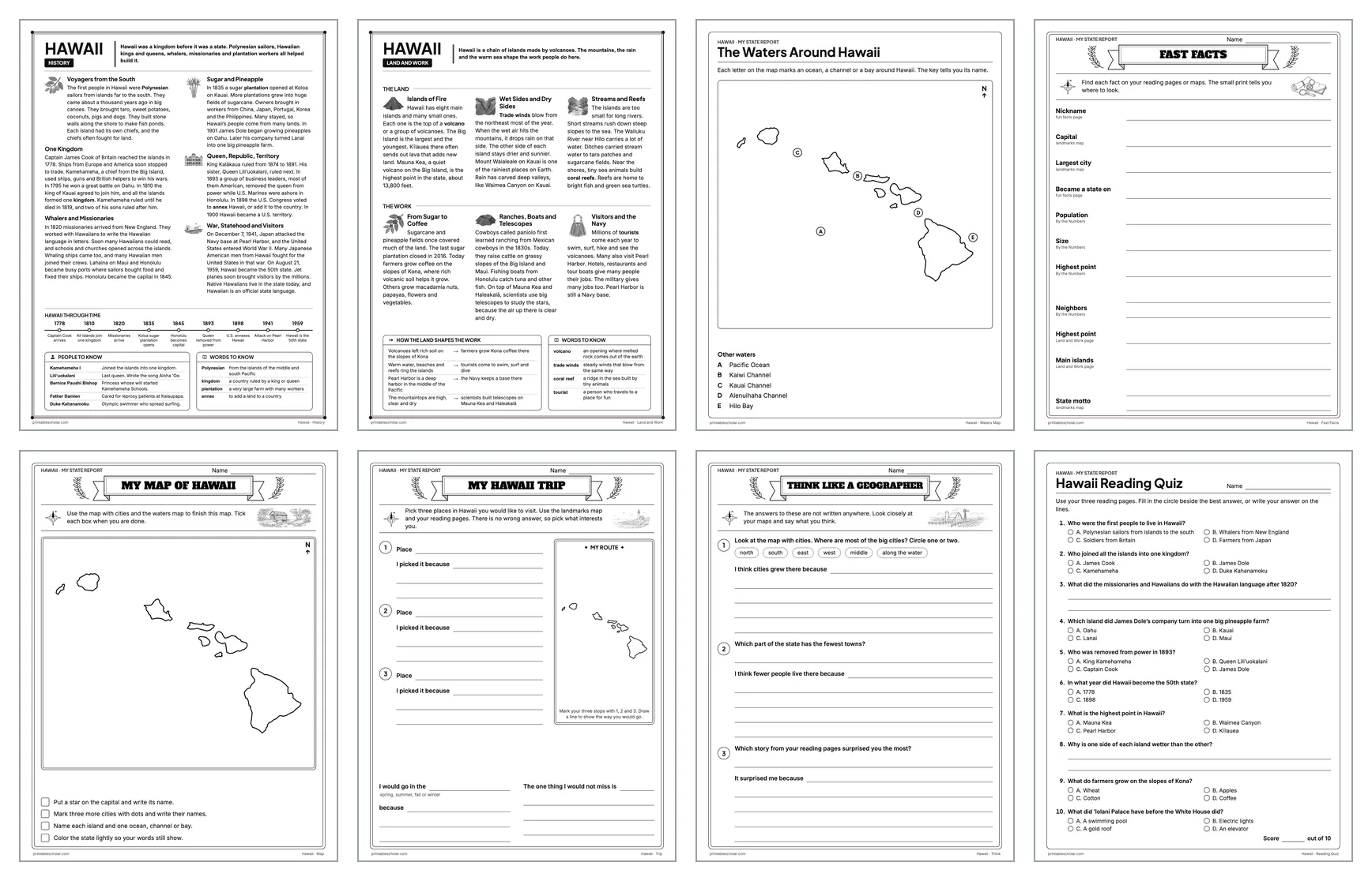 Eight pages from the Hawaii State Report Kit: History, Land and Work, the rivers and lakes map, Fast Facts, My Map, My Trip, Think Like a Geographer and the reading quiz