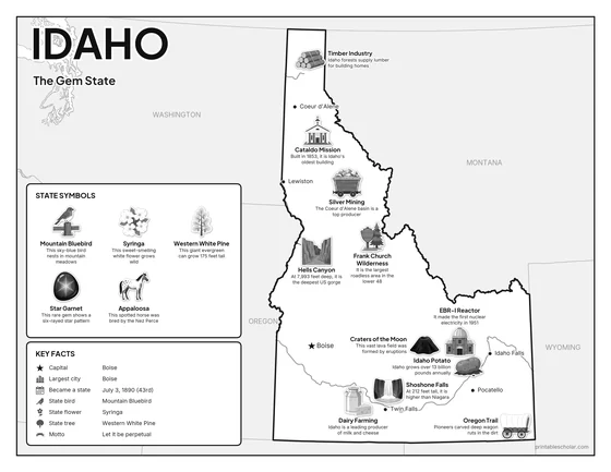 Black and white illustrated map of Idaho