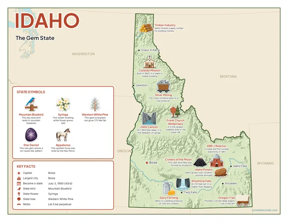 Illustrated map of Idaho in color