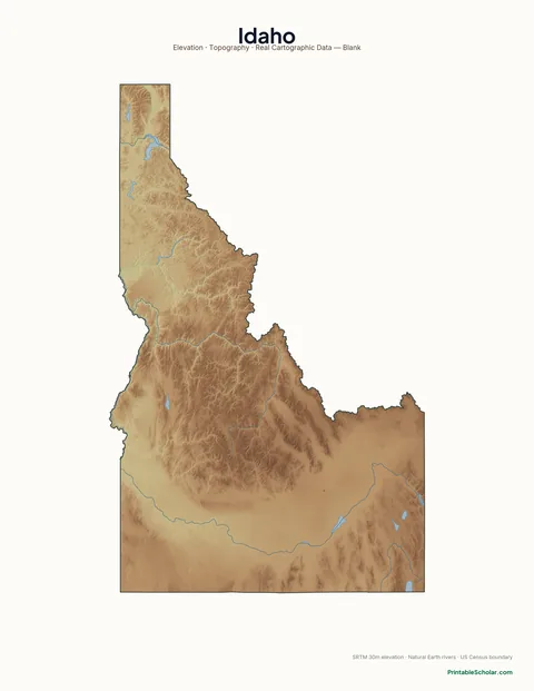 Idaho blank physical map — same topographic relief, no labels, for label-it-yourself geography exercises