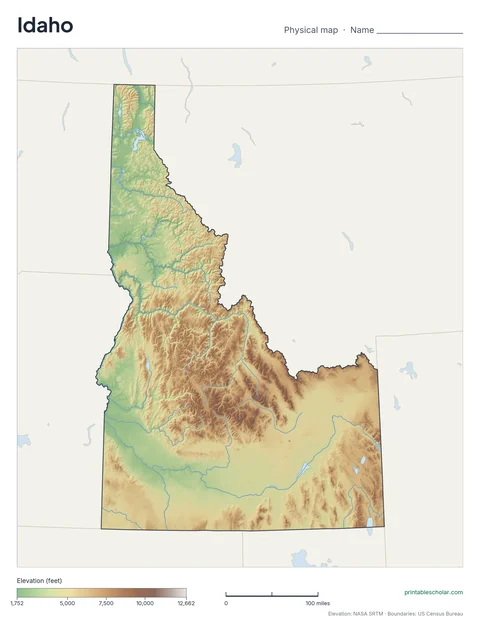 Idaho blank physical map: the same terrain with no labels, for labeling practice
