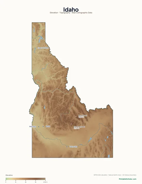 Idaho physical map labeled — showing the Bitterroot Range, Sawtooth Mountains, Snake River Plain, and Salmon River Mountains, with peak elevations and major cities marked