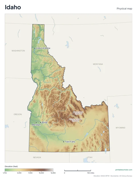 Idaho physical map, labeled: the Bitterroot Range, Sawtooth Mountains, Snake River Plain, and Salmon River Mountains, with the capital, cities and highest point marked