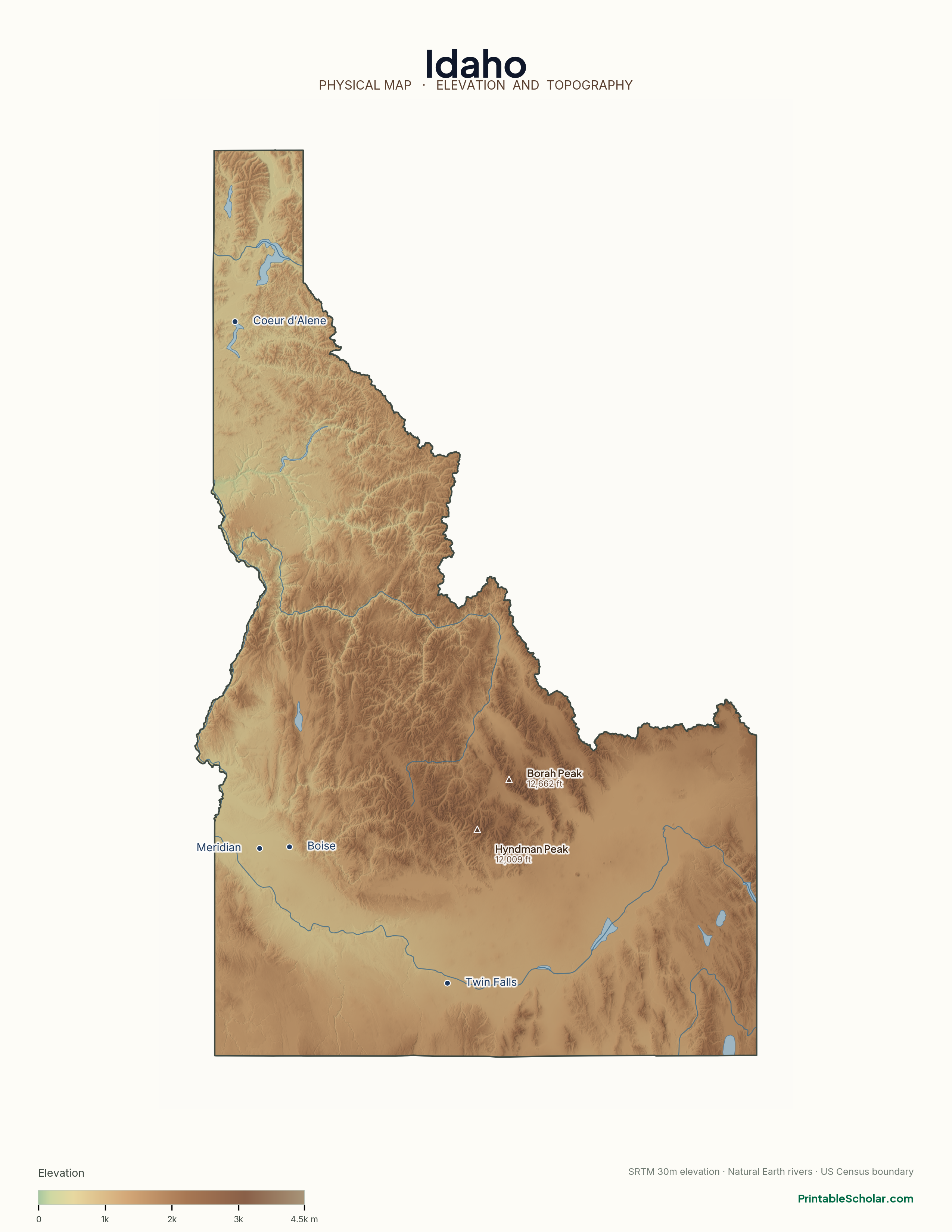 Idaho physical map with labeled peaks, cities, and rivers
