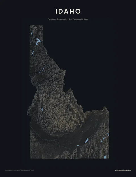 Idaho topographic relief poster — high-contrast monochrome rendering of the Bitterroot Range, Sawtooth Mountains, Snake River Plain, and Salmon River Mountains