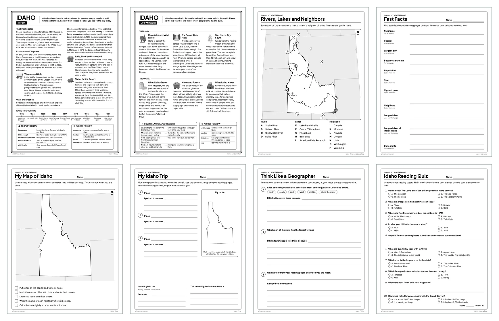 Eight pages from the Idaho State Report Kit: History, Land and Work, the rivers and lakes map, Fast Facts, My Map, My Trip, Think Like a Geographer and the reading quiz