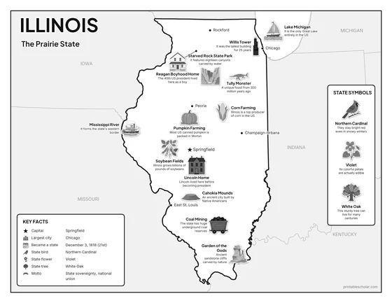 Black and white illustrated map of Illinois