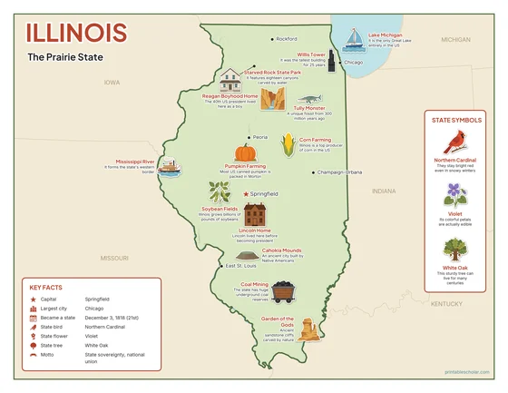 Illustrated map of Illinois in color