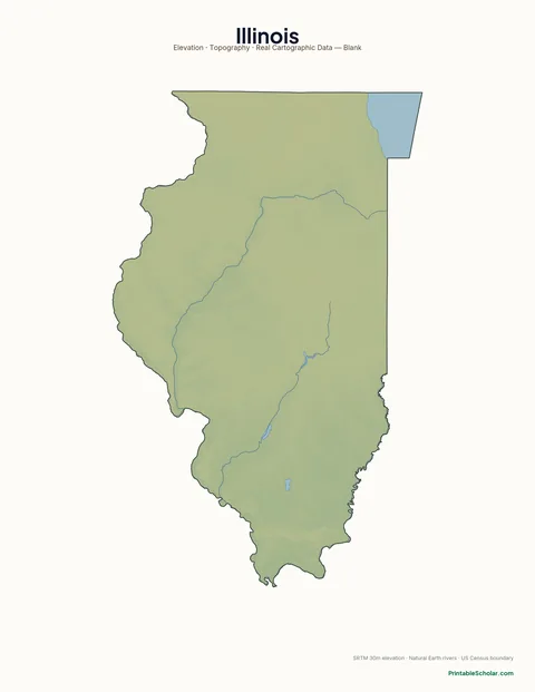 Illinois blank physical map — same topographic relief, no labels, for label-it-yourself geography exercises