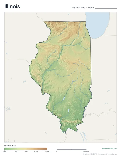 Illinois blank physical map: the same terrain with no labels, for labeling practice