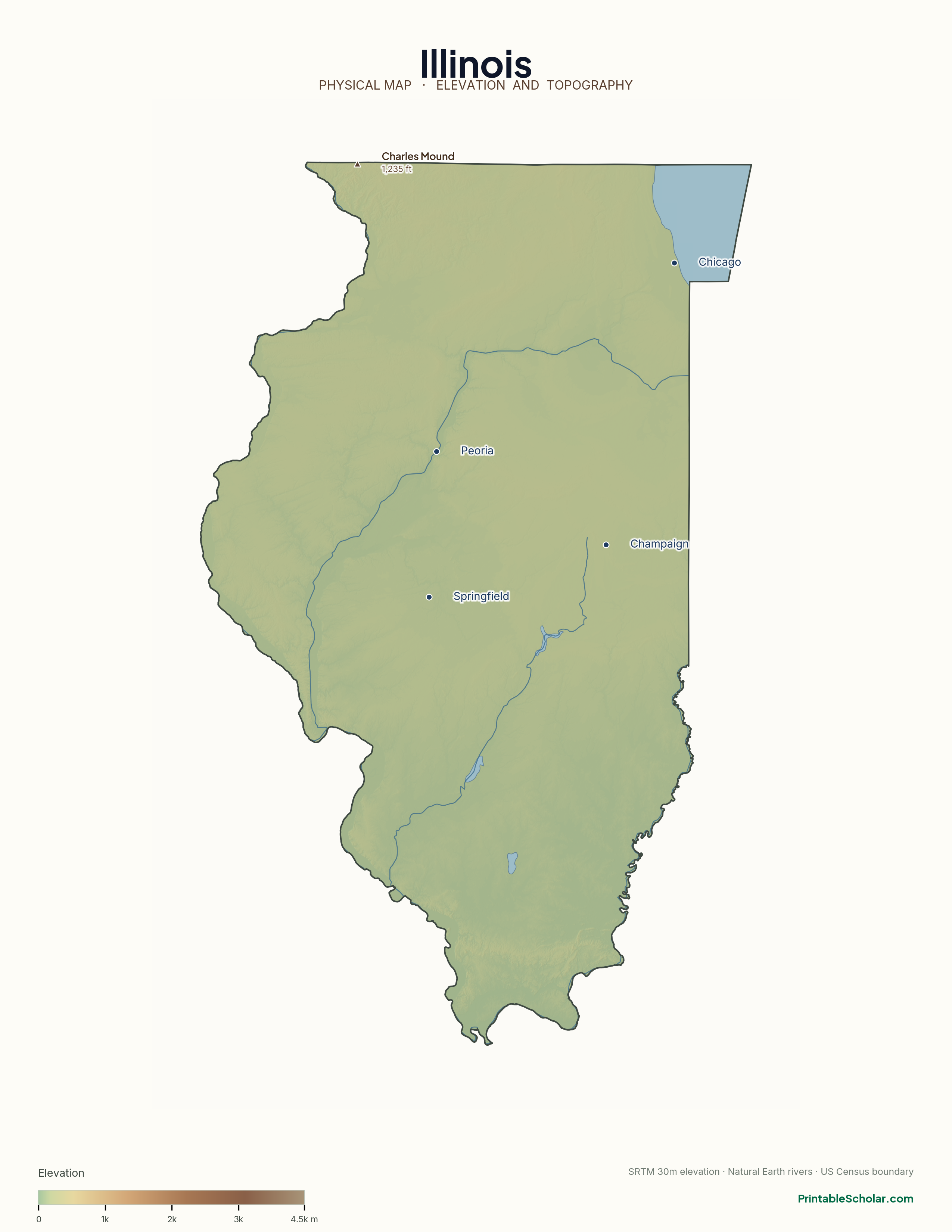 Illinois physical map with labeled peaks, cities, and rivers