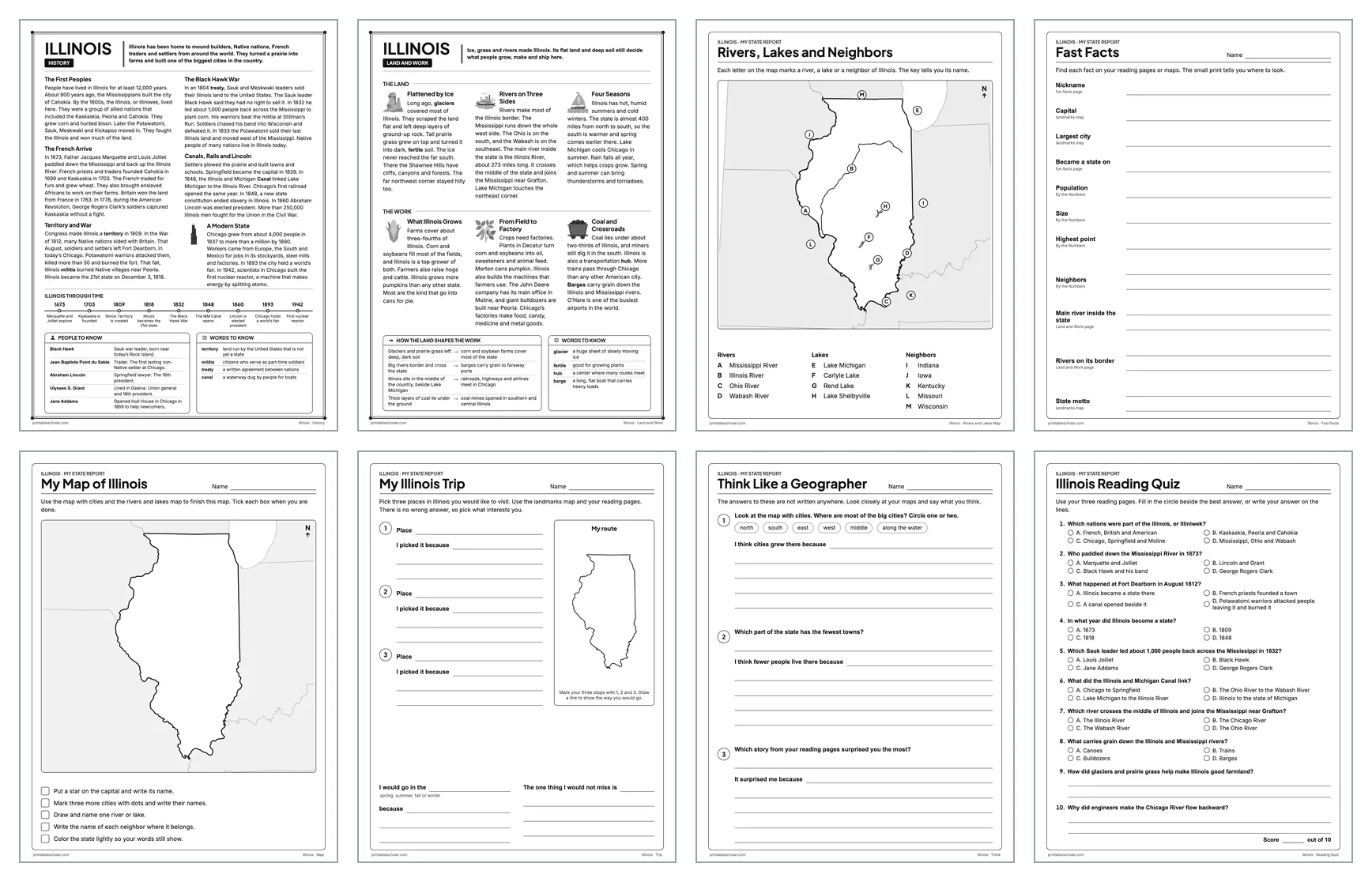 Eight pages from the Illinois State Report Kit: History, Land and Work, the rivers and lakes map, Fast Facts, My Map, My Trip, Think Like a Geographer and the reading quiz