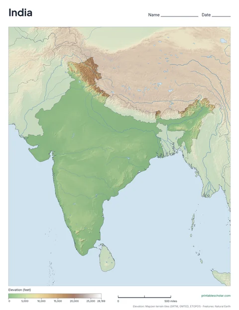 India physical map, blank, for labeling practice