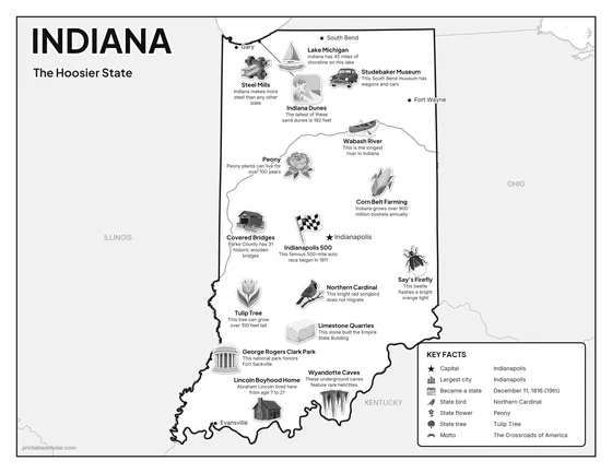 Black and white illustrated map of Indiana