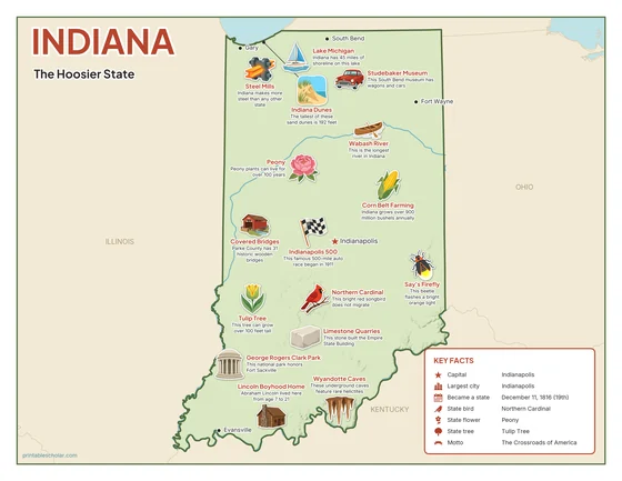 Illustrated map of Indiana in color