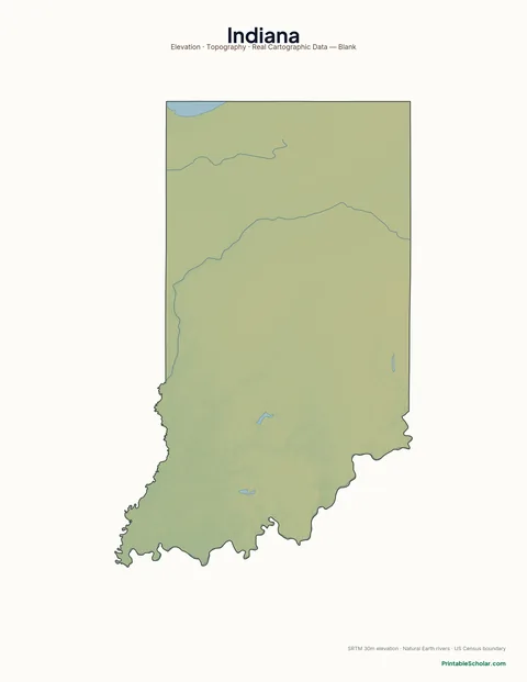 Indiana blank physical map — same topographic relief, no labels, for label-it-yourself geography exercises