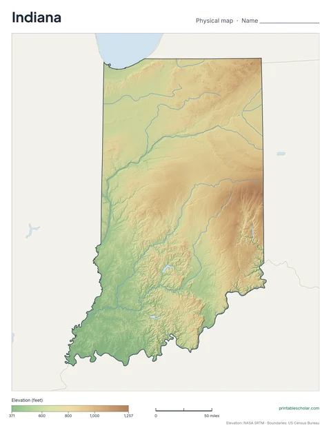 Indiana blank physical map: the same terrain with no labels, for labeling practice
