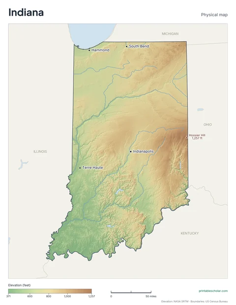 Indiana physical map, labeled: the Northern Lake Country, the Central Till Plain, and the Southern Hills and Lowlands, with the capital, cities and highest point marked