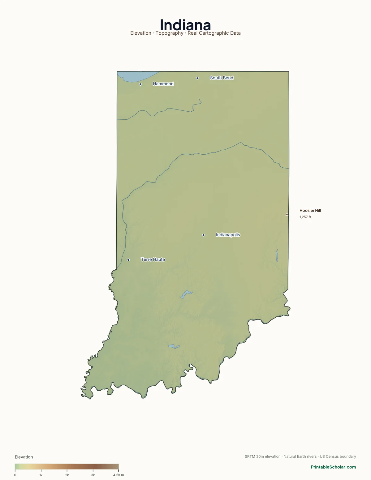Indiana physical map showing the Northern Lake Country, the Central Till Plain, and the Southern Hills and Lowlands, with major peaks and cities labeled. Topographic relief from NASA SRTM elevation data.