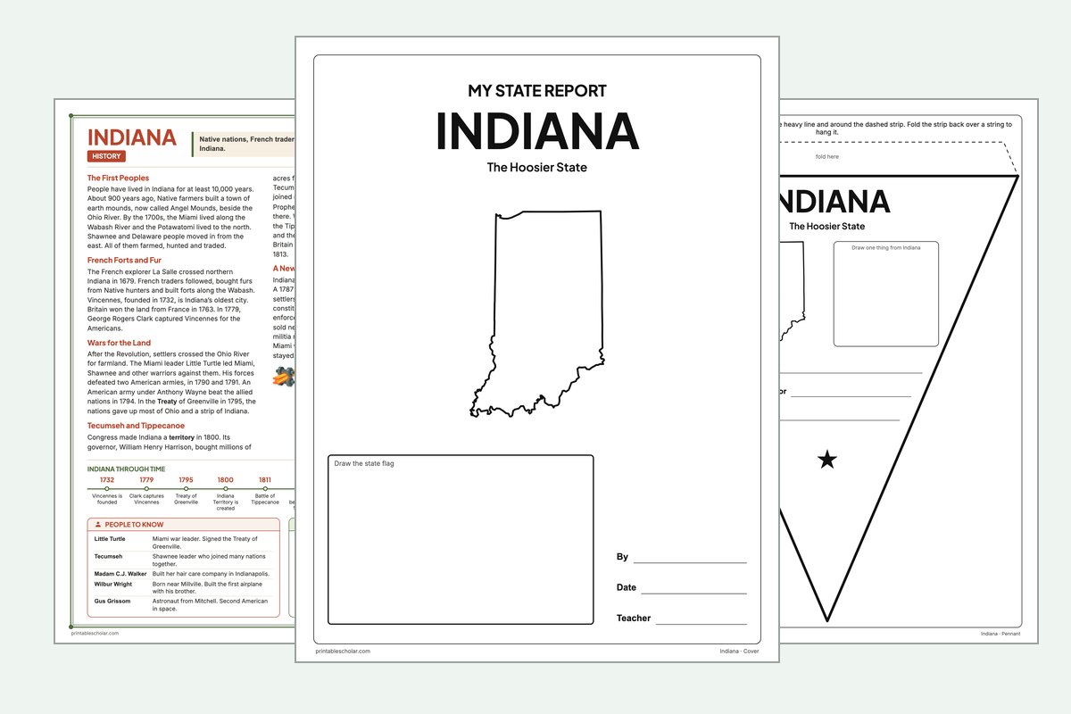 Indiana State Report Kit: the report booklet cover, the history reading page and the pennant