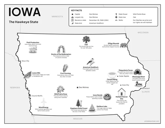 Black and white illustrated map of Iowa