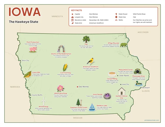Illustrated map of Iowa in color